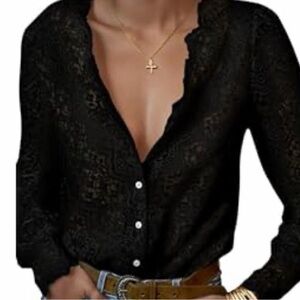 Luxveer Women's Black Lace Button-Front Top
